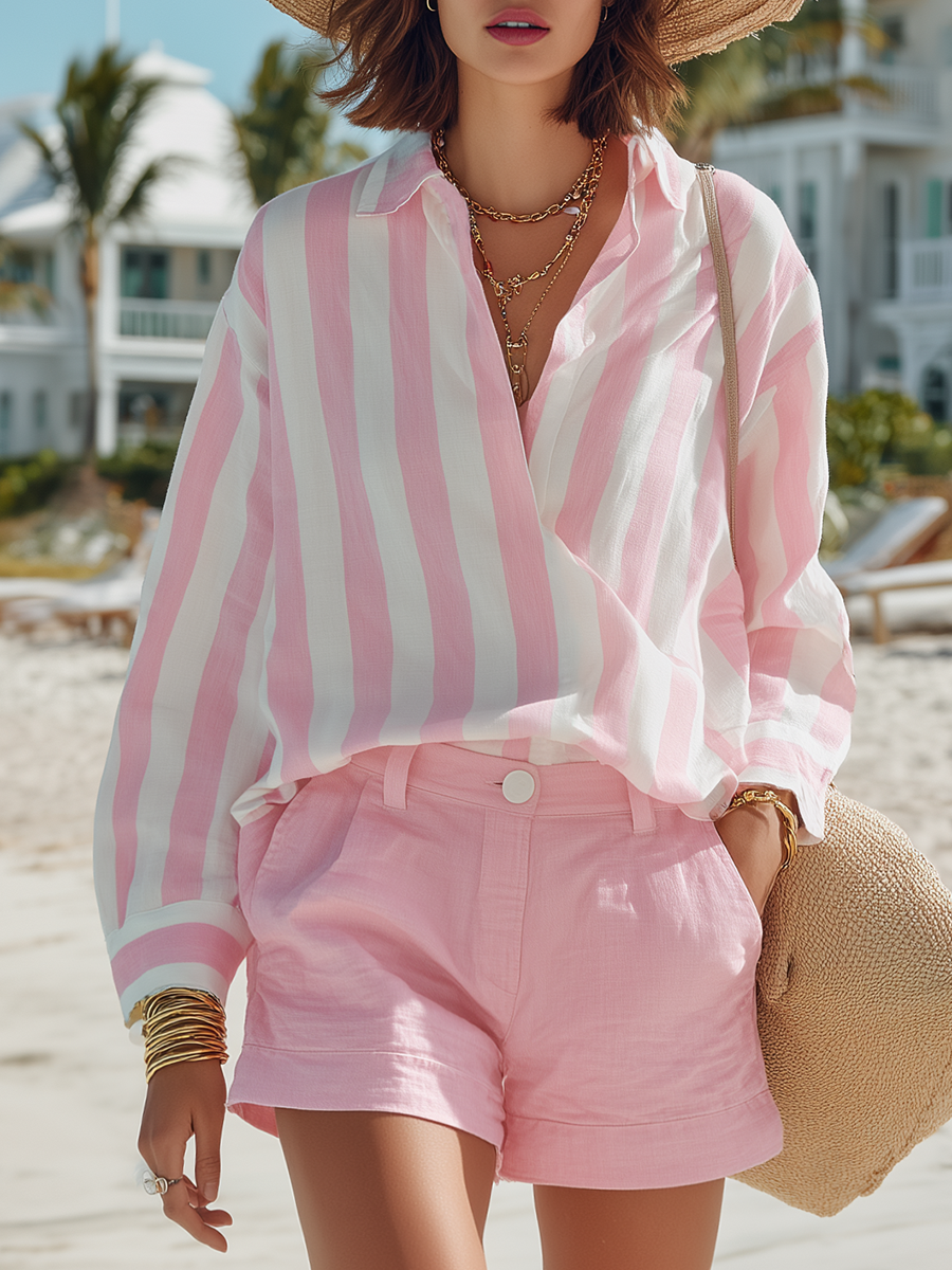 Casual Vacation Pink Cotton-linen Striped Long-sleeved Shirt And Shorts Set