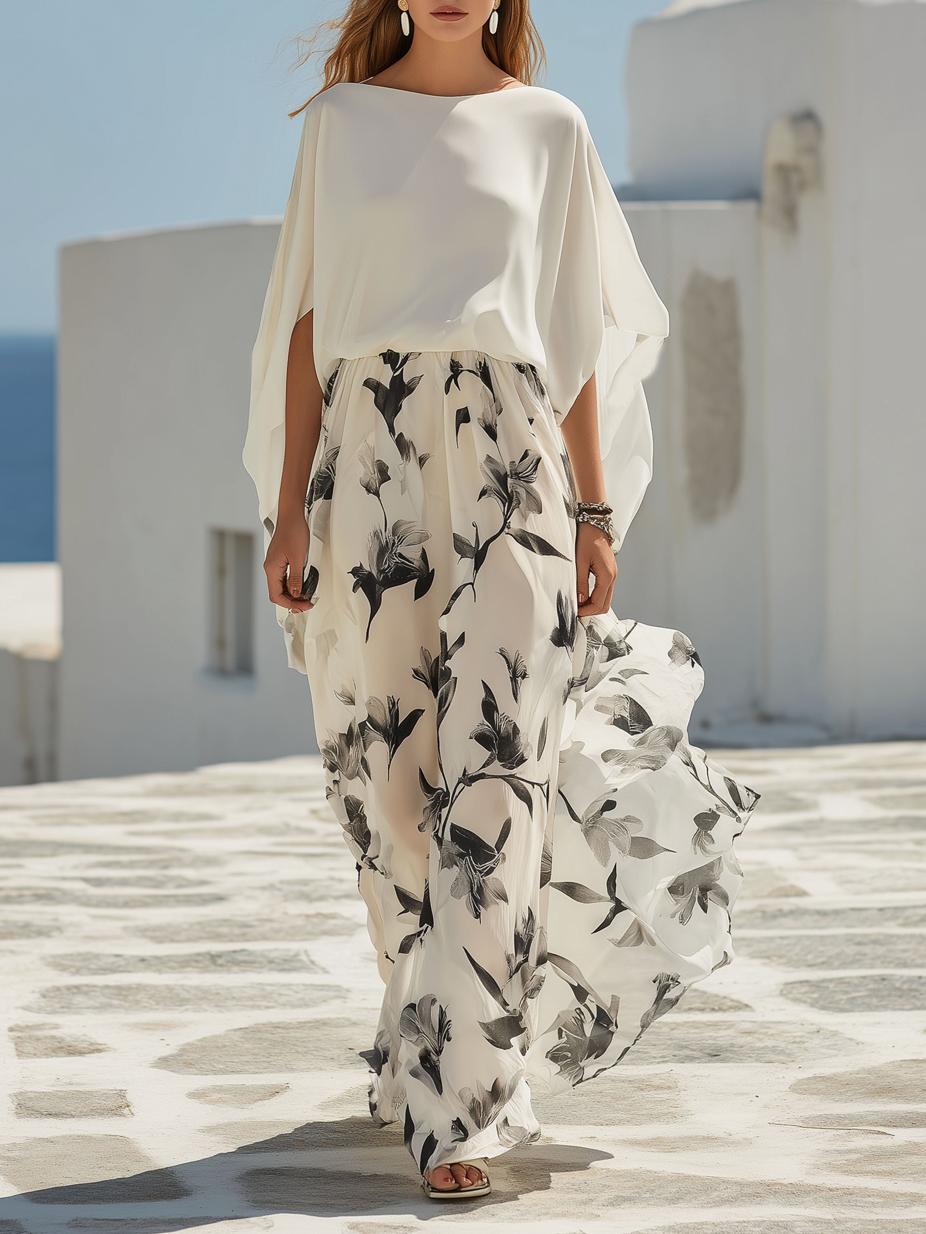 Resort White Chiffon Printed Batwing Sleeve Maxi Dress Set
