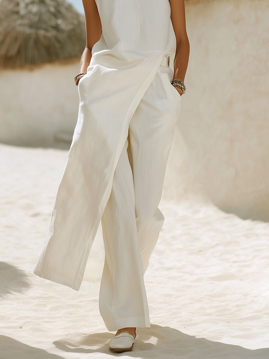 Minimalist Vintage Style White Cotton Linen Sleeveless Side-Slit Long Top And Wide-Leg Pants Set