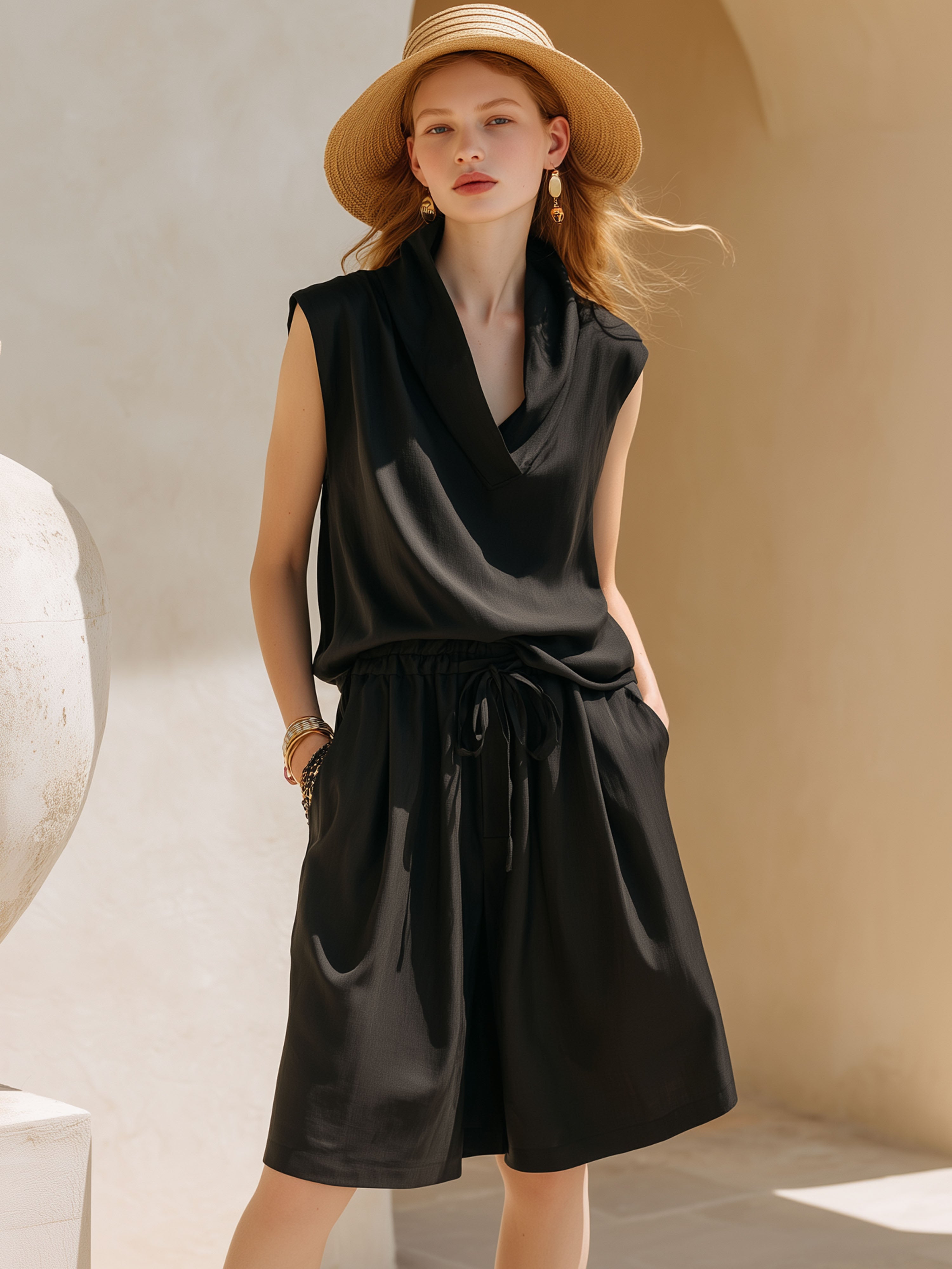 Elegant Vacation Style Tencel Black Turtleneck Sleeveless Top And Drawstring Skirt Set