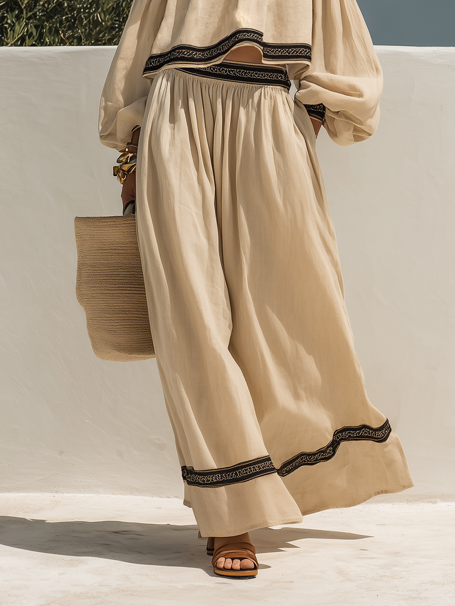 Loose-fitting Off-shoulder Short-sleeved Black Ribbon Top And Wide-leg Pants Set