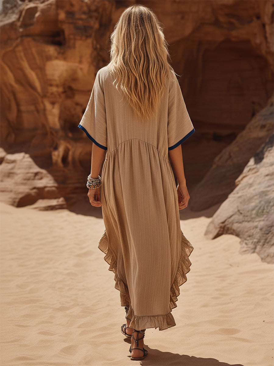 Casual Bohemian Navy Blue Trim Beige Cotton Linen Ruffled Loose Midi Dress