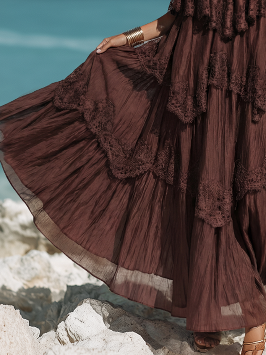Elegant Resort-style Lace-trimmed Tencel Spaghetti Strap Maxi Dress