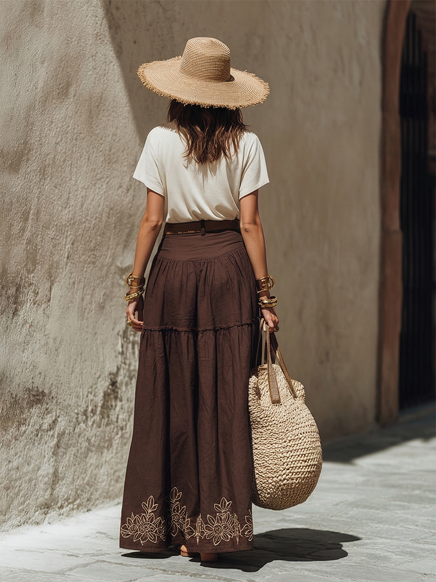 Minimalist Bohemian White T-Shirt And Brown Embroidered Skirt Set