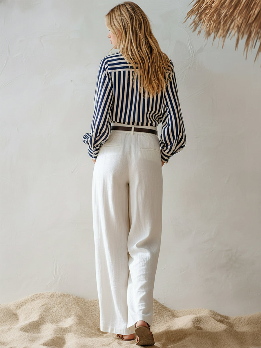 Casual Navy Blue And White Striped Collared Shirt And White Wide-leg Pants Set