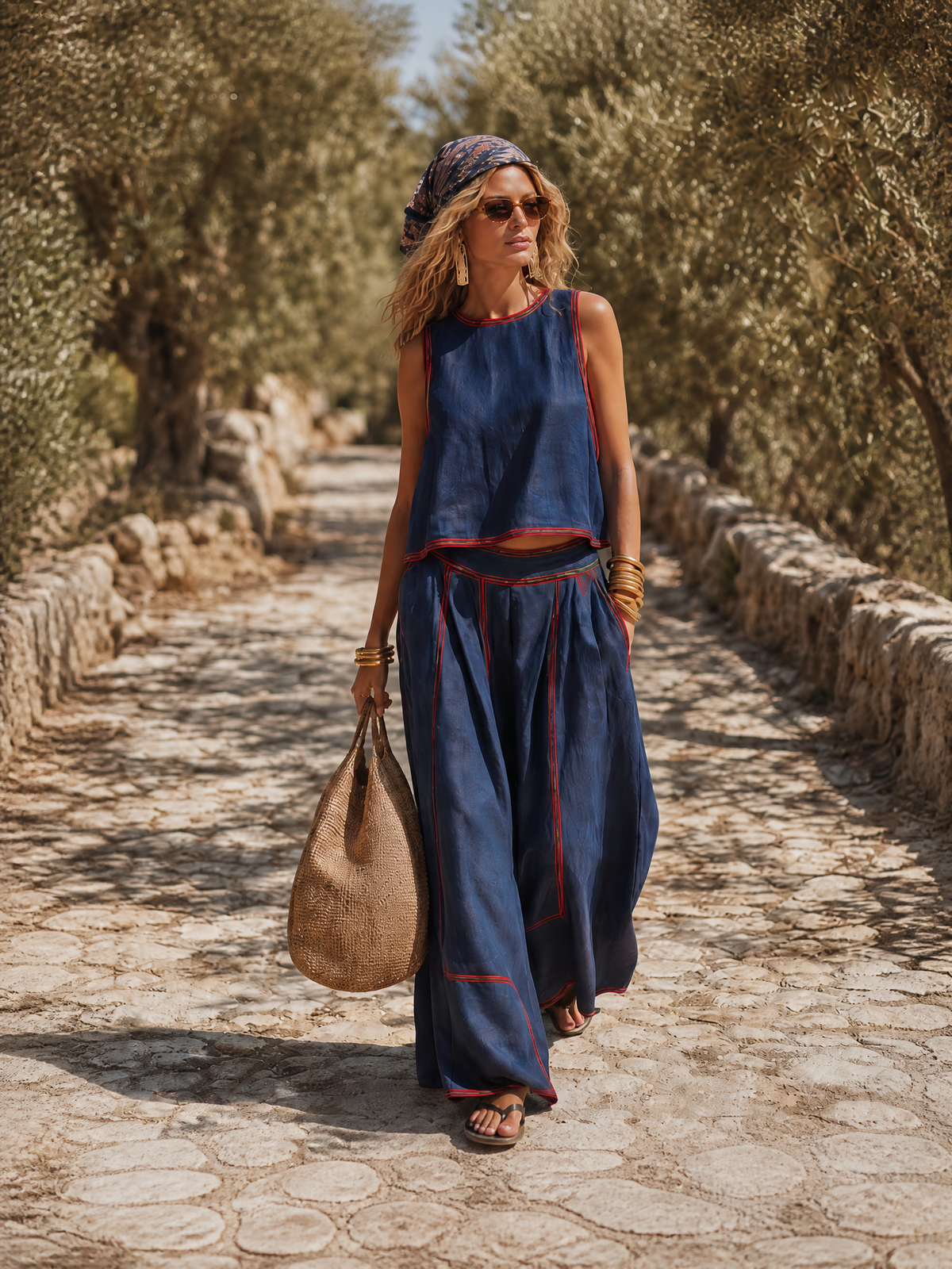 Relaxed Stylish Red Trim Navy Blue Tencel Wide-leg Set