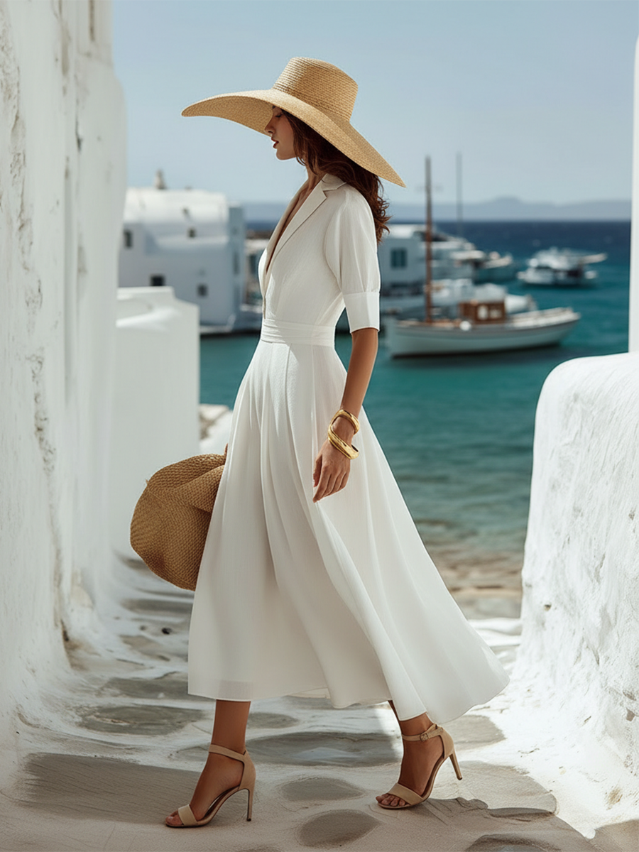 Elegant Vacation Short-sleeved A-line White Cotton And Linen Maxi Dress