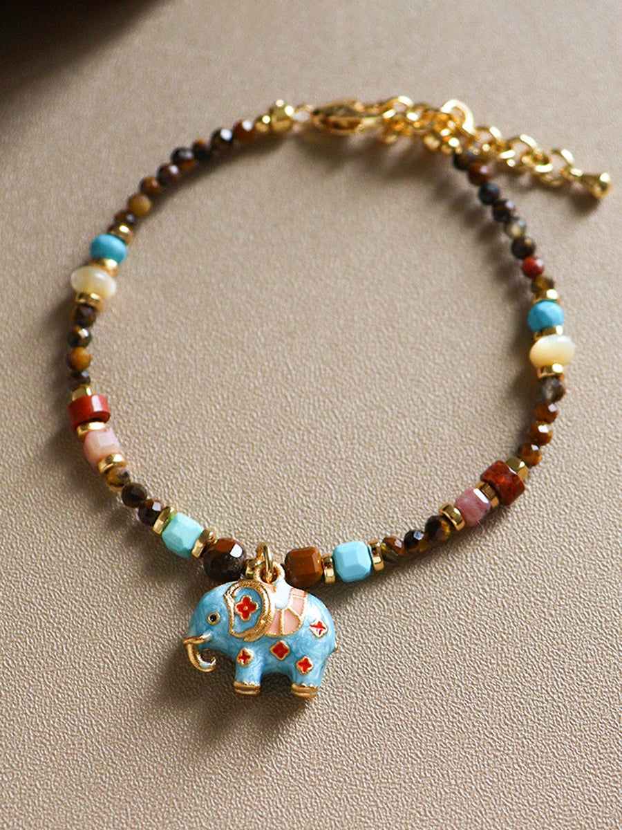 Vintage-style Oil-drop Elephant Tiger's Eye Turquoise Pearl Necklace