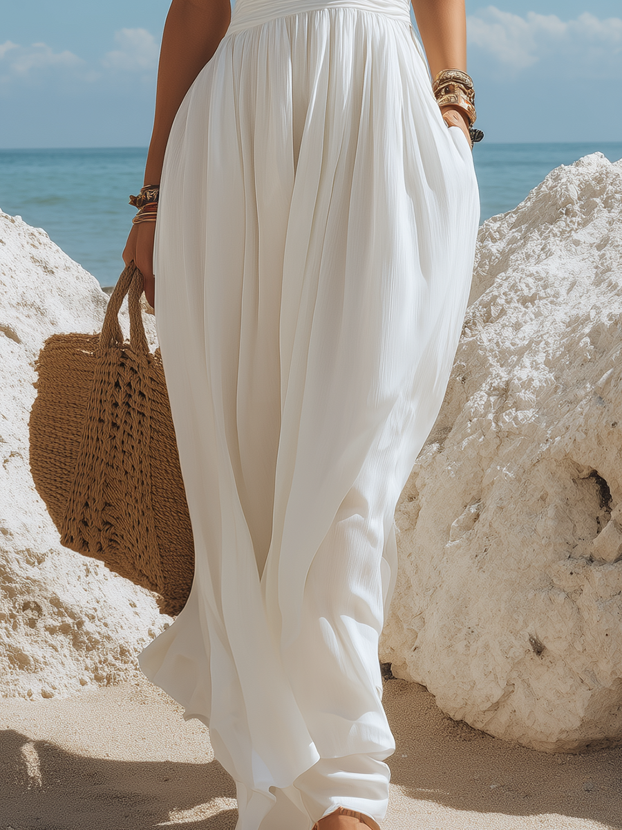 Resort-style White Off-shoulder Flowy Maxi Dress