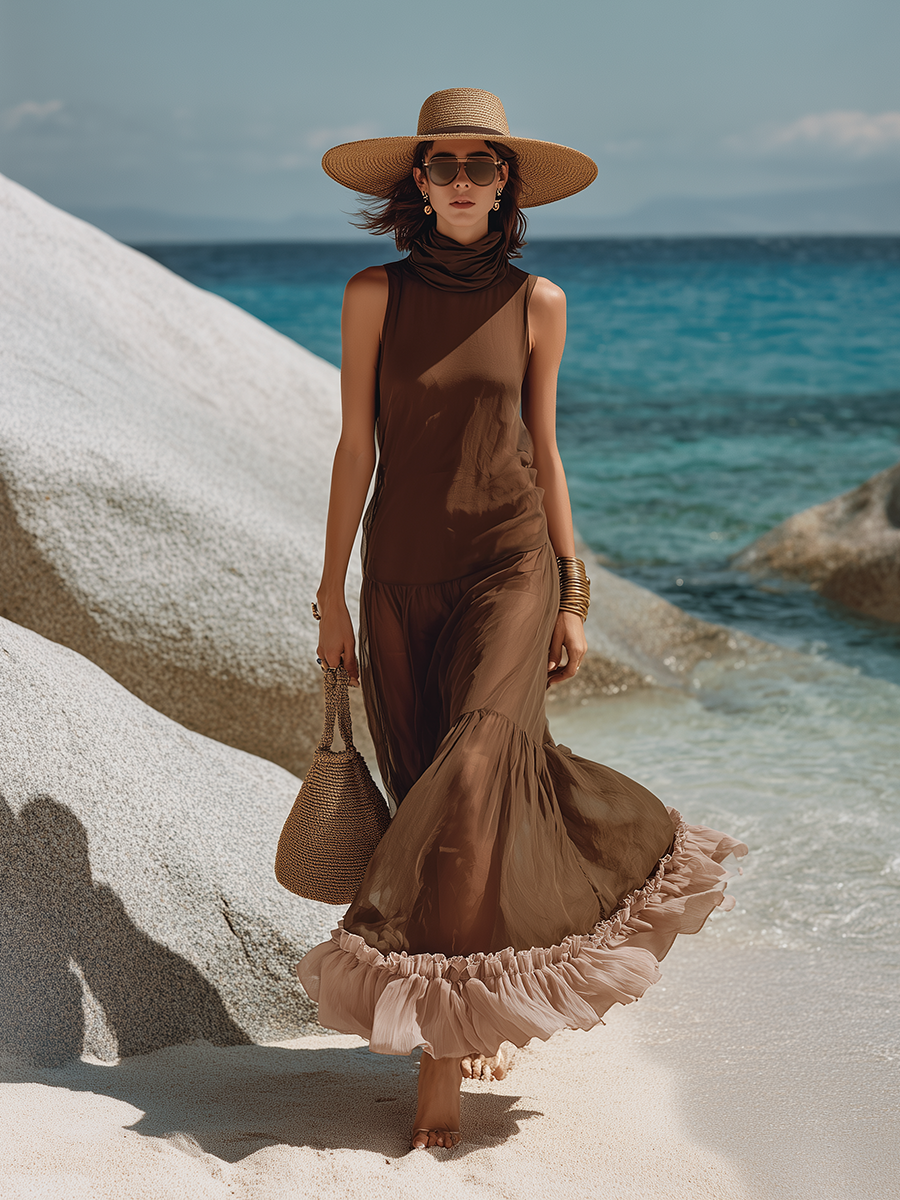 Elegant Vacation Sleeveless Ruffled Hem Maxi Dress