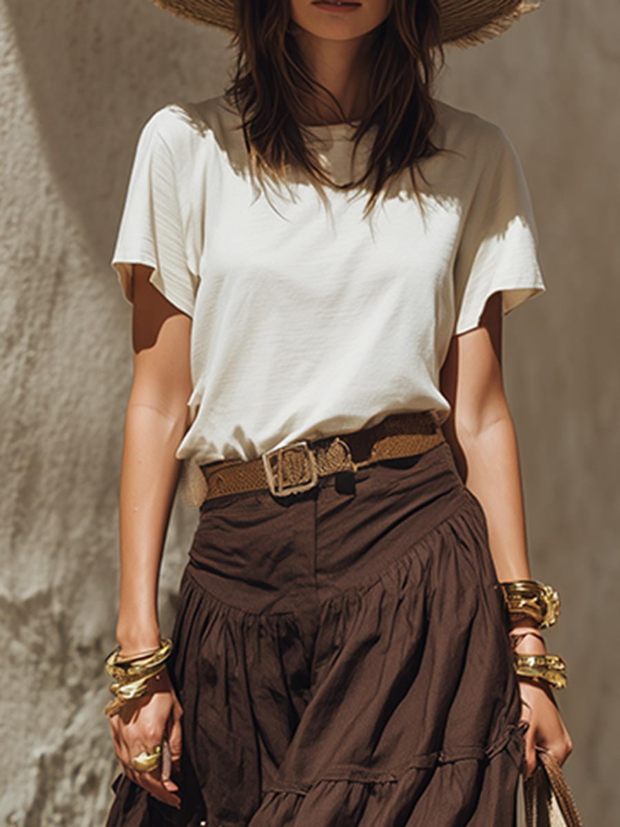 Minimalist Bohemian White T-Shirt And Brown Embroidered Skirt Set
