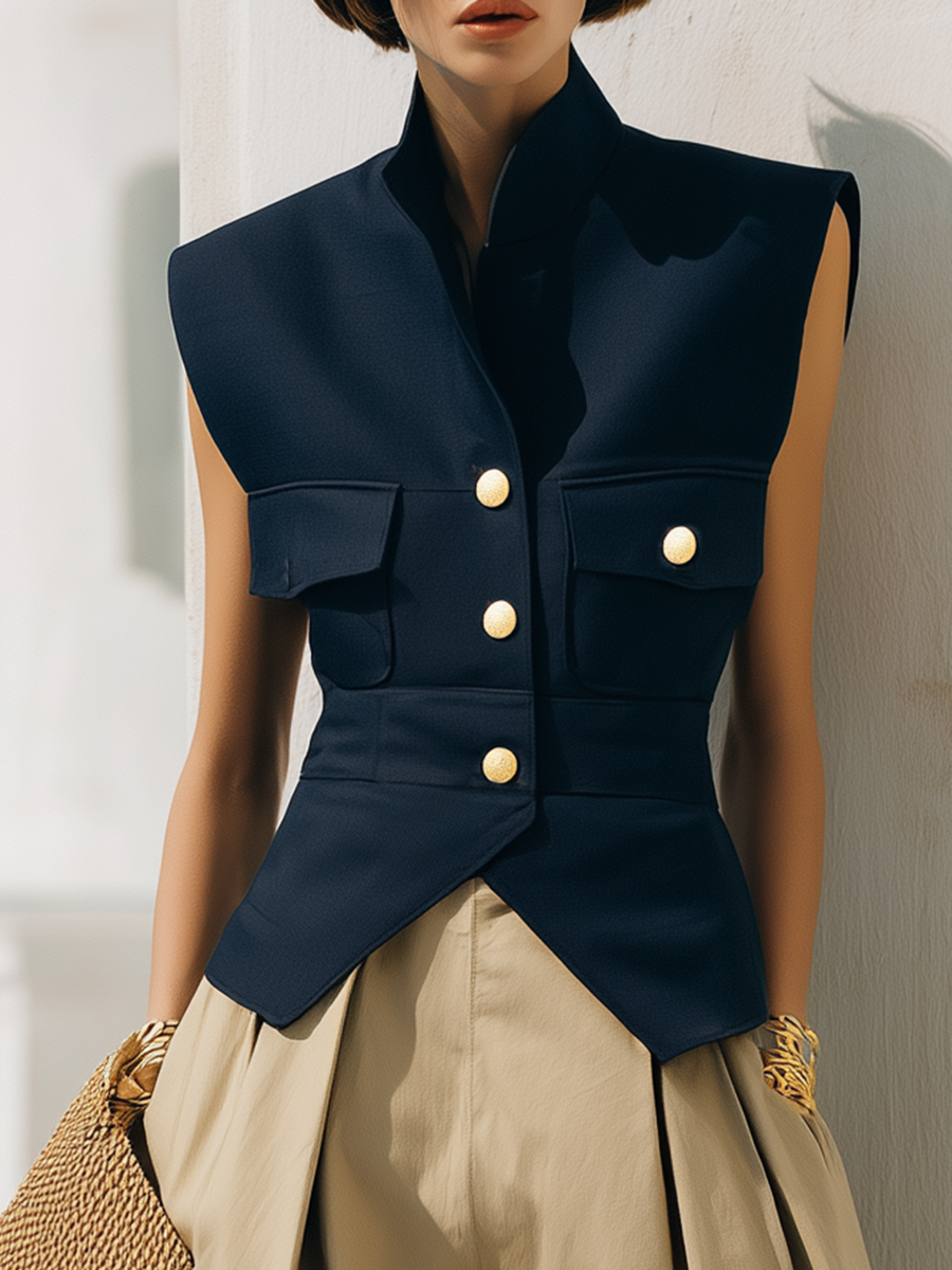 Stylish Vacation Navy Blue Vest And Light Khaki Wide-leg Cropped Trousers Set
