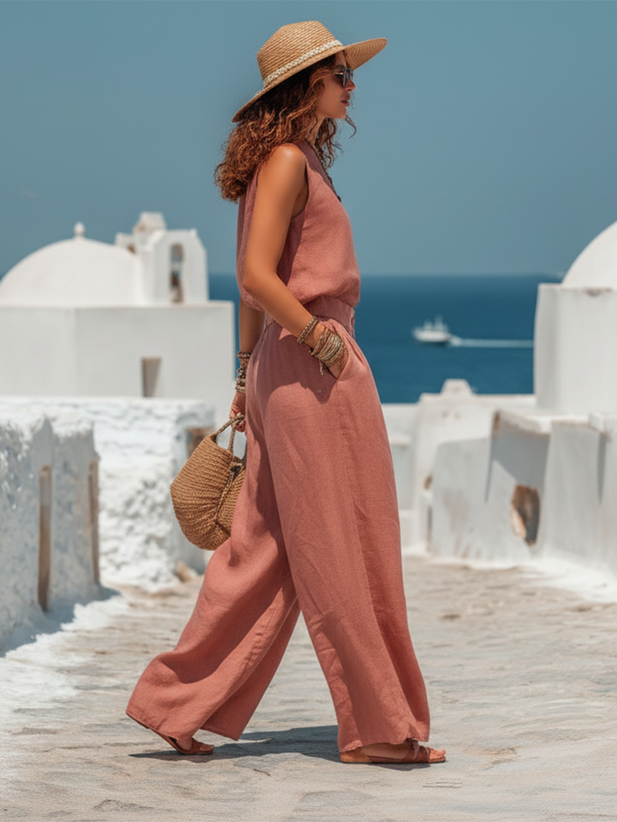 Resort-style Sleeveless Top And Wide-leg Pants Set