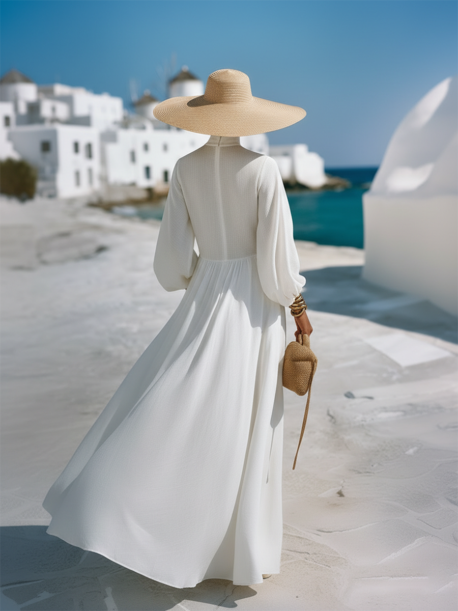 Cotton And Linen Simple Resort-style White Mock Neck Maxi Dress