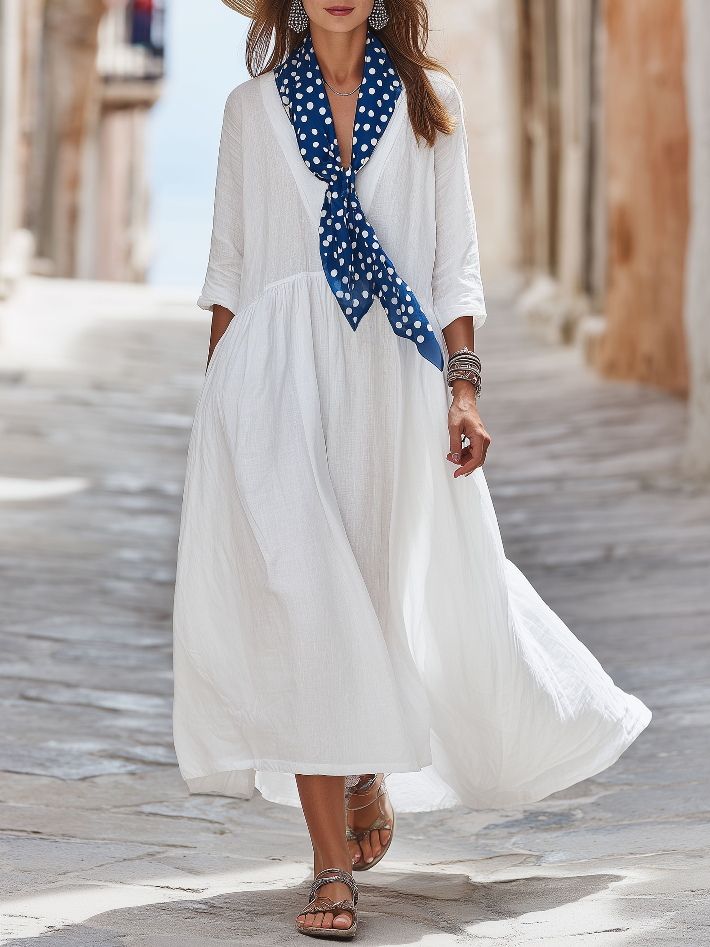 Elegant Blue Polka Dot Scarf And White Cotton Linen Mid-Sleeve Maxi Dress
