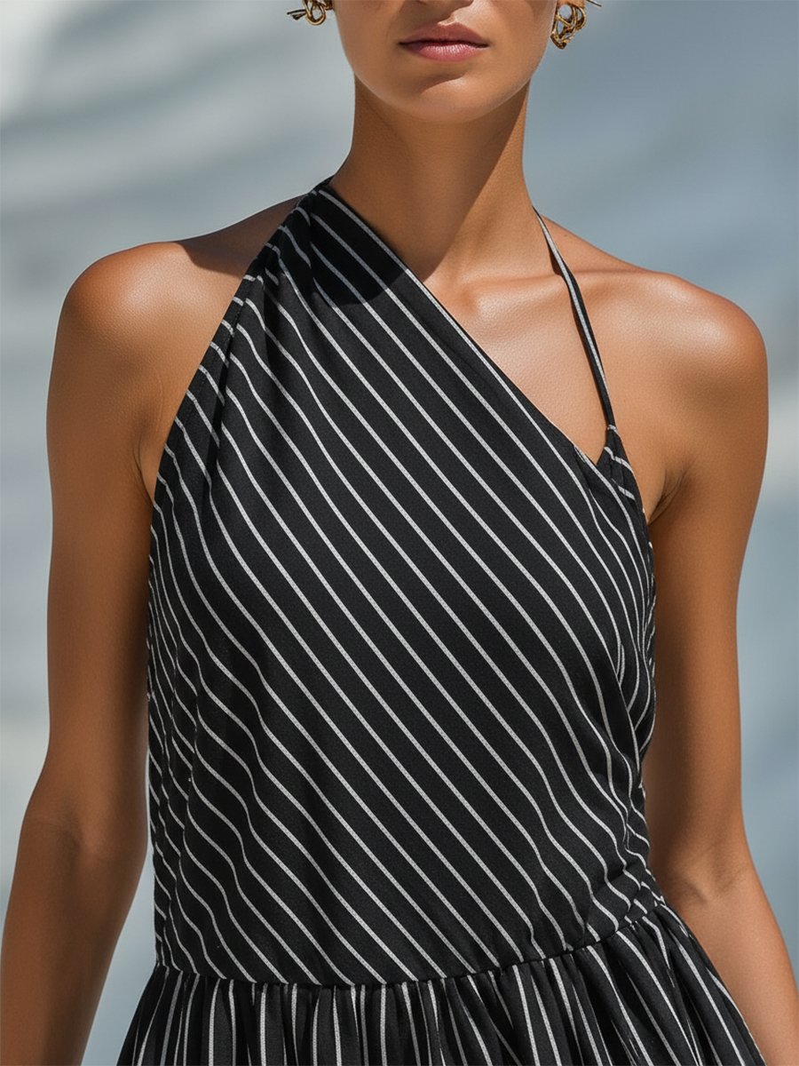 Stylish And Fashionable Black And White Striped Sleeveless Maxi Dress