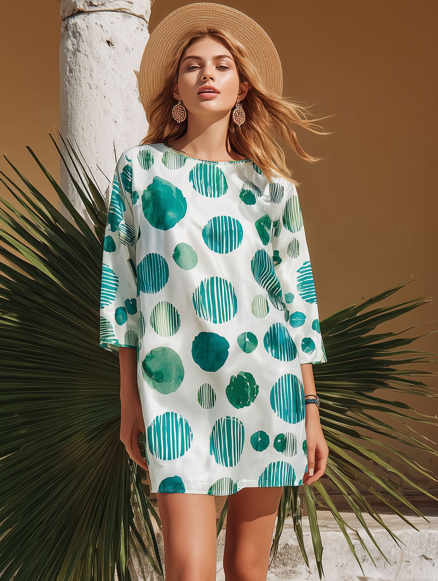 Resort-Style Satin Fabric Green Polka Dot White Mid-Sleeve Mini Dress
