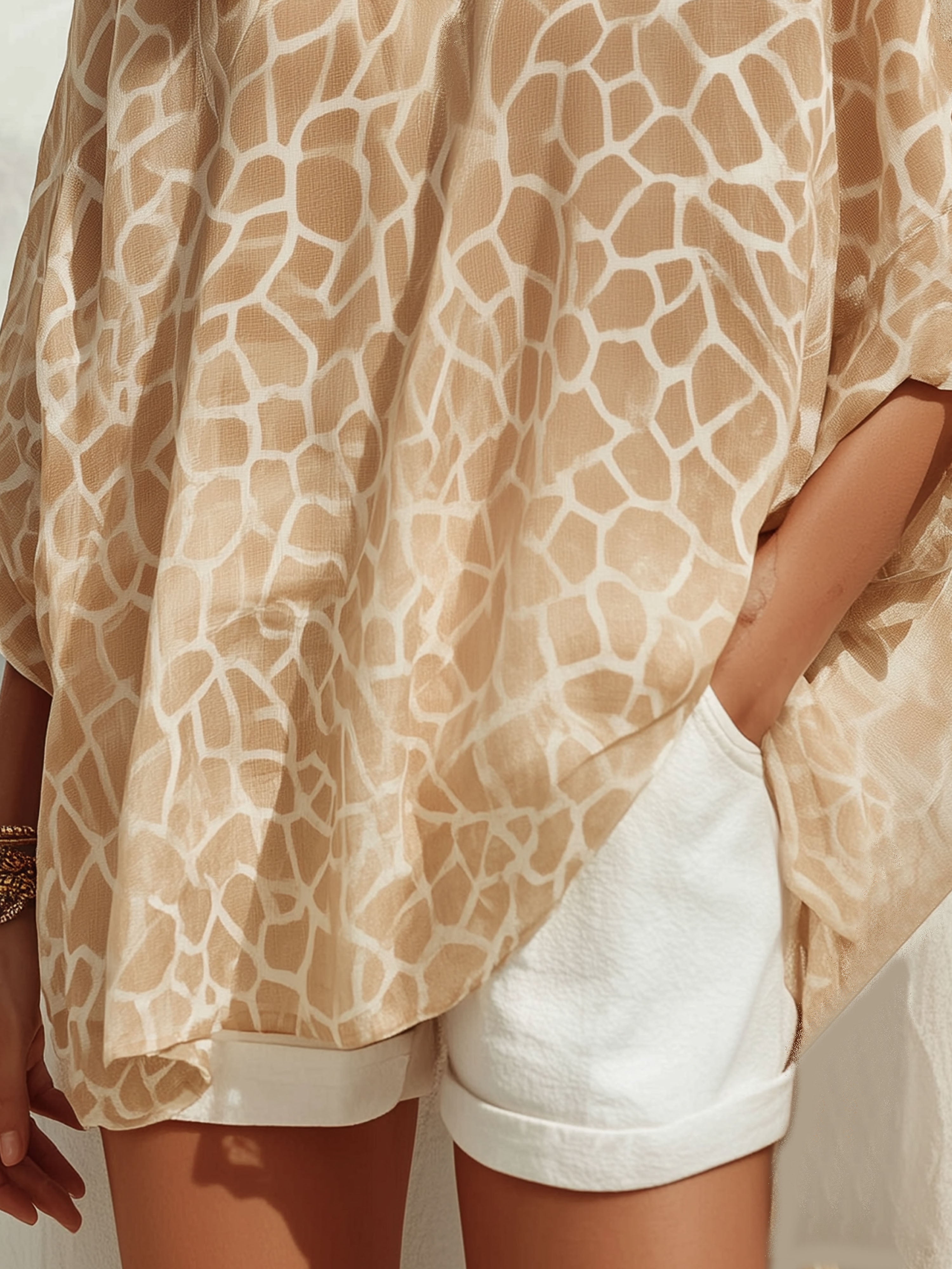 Elegant Vacation-Style Beige Chiffon V-Neck Khaki Printed Mid-Sleeve T-Shirt