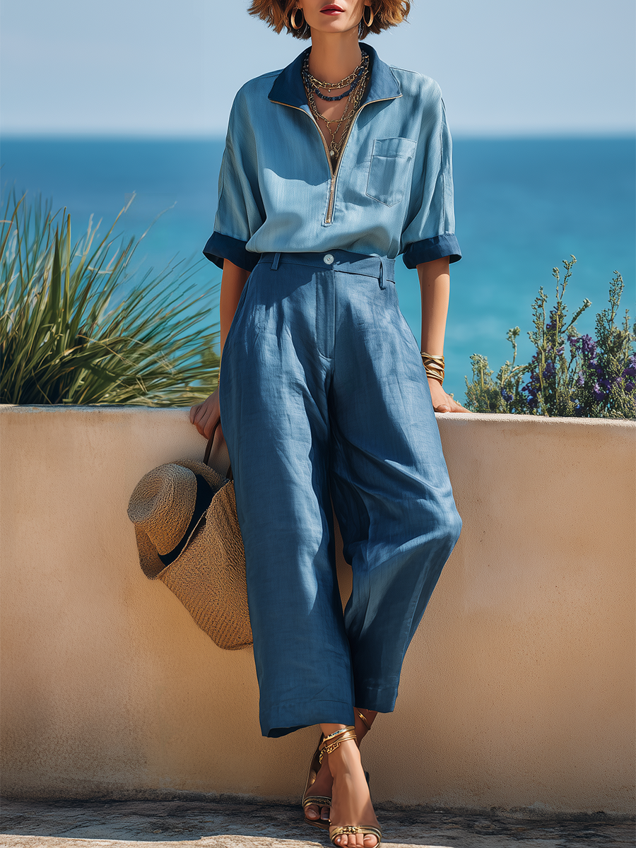 Vacation-Style Blue Short-Sleeve Zip-Up Top And Pants Set