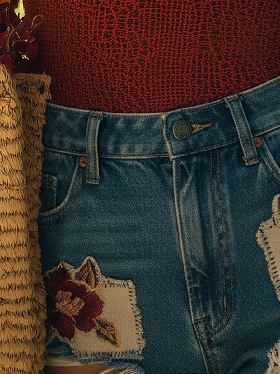 Pastoral Bohemian Floral Embroidered Denim Shorts