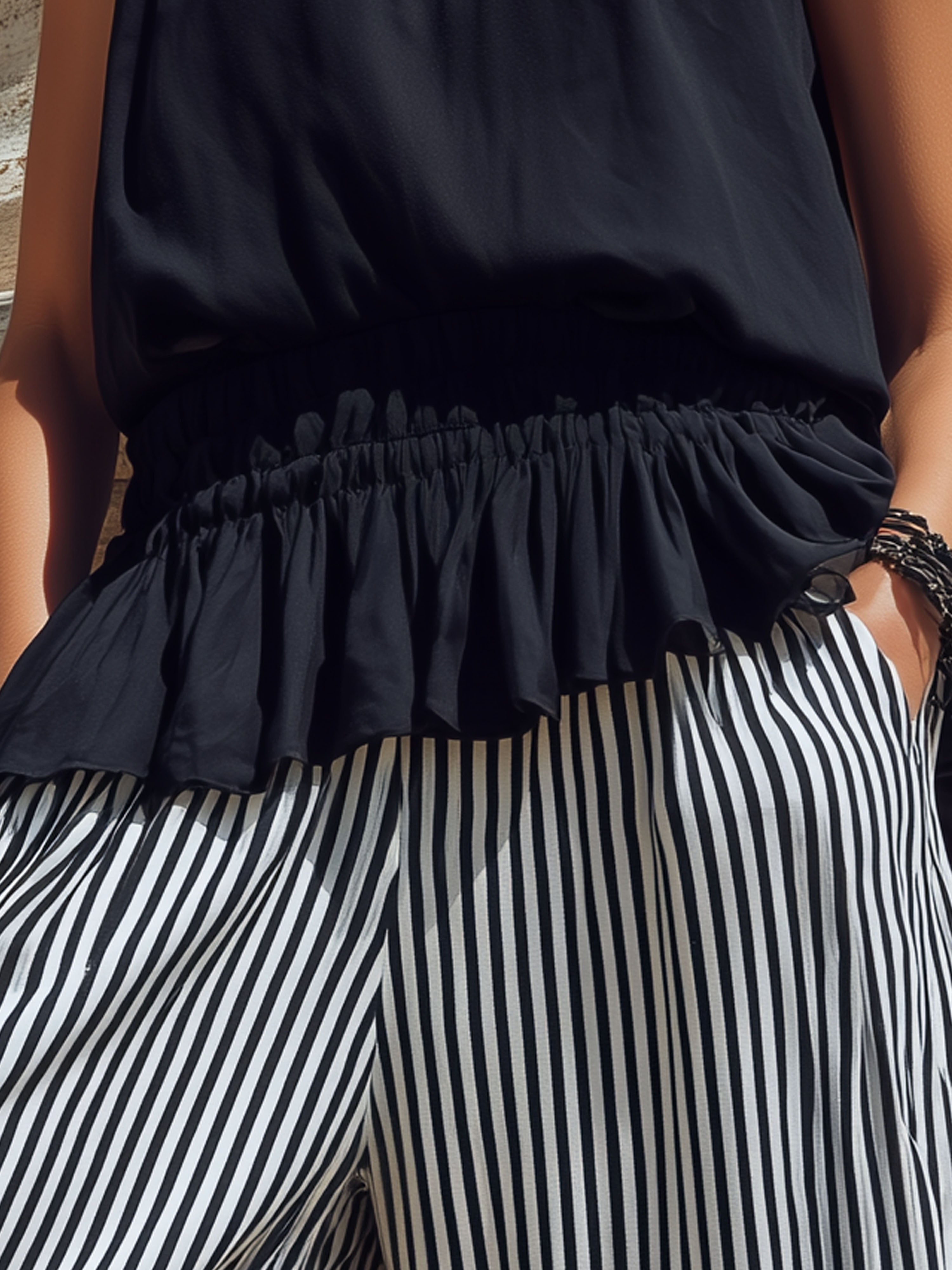 Elegant  Vacation-style Navy Blue Chiffon V-neck Sleeveless Ruffled Hem Top