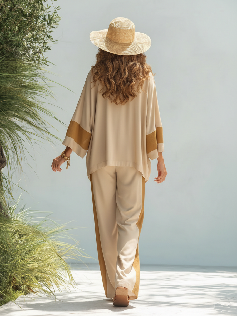 Resort-style Cotton V-neck Patchwork Long-sleeved Top And Trousers Set