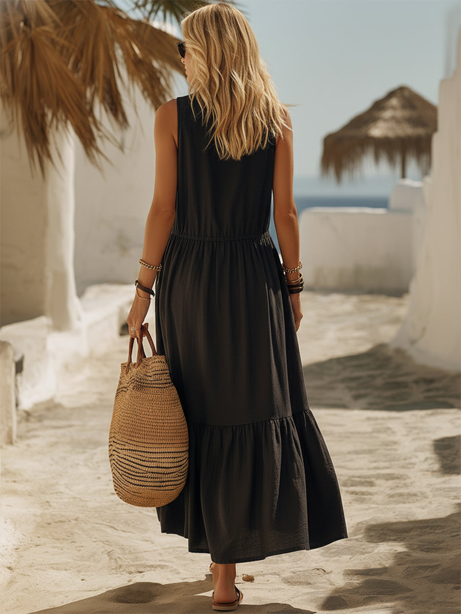 Casual Vacation Black Cotton Linen Half-zip V-neck Sleeveless Midi Dress
