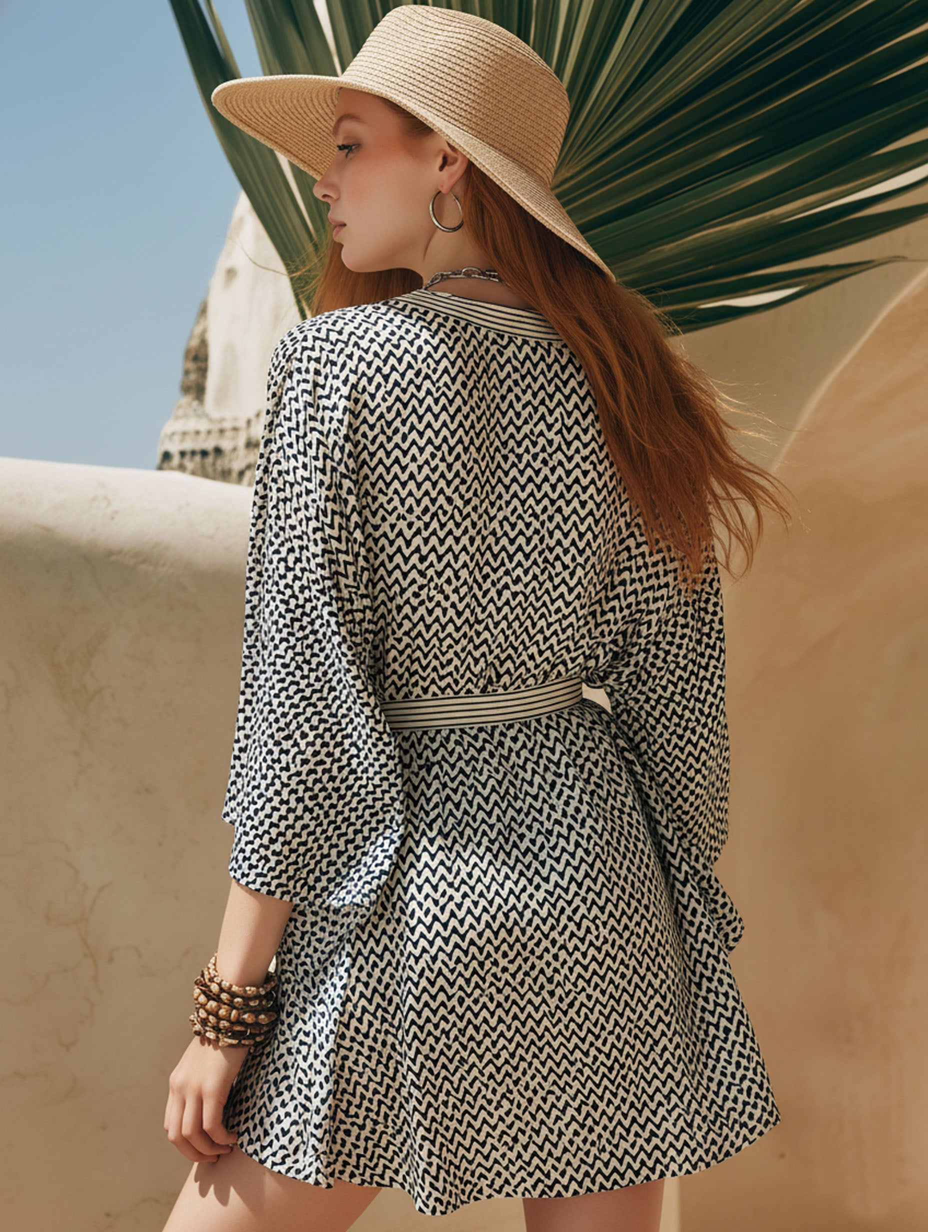 Resort-Style Black And White Printed Chiffon V-Neck Mini Dress
