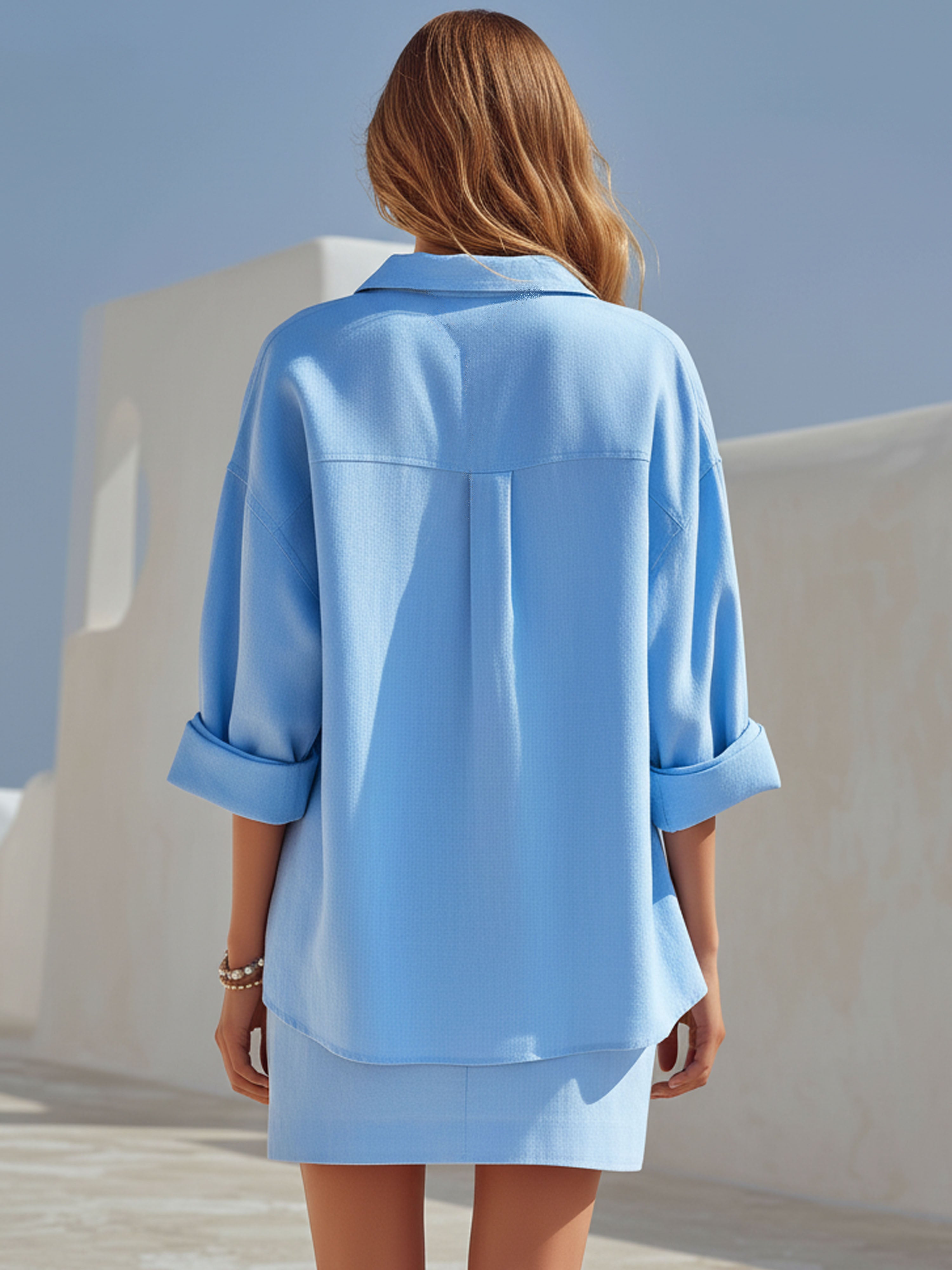 French-Style Blue Mid-Sleeve Shirt With White Inner Layer Midi Skirt Three-Piece Set