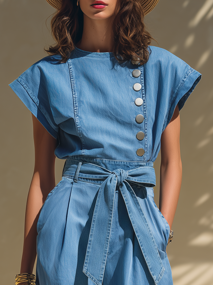 Trendy Vacation Sleeveless Top And Wide-leg Pants Denim Set