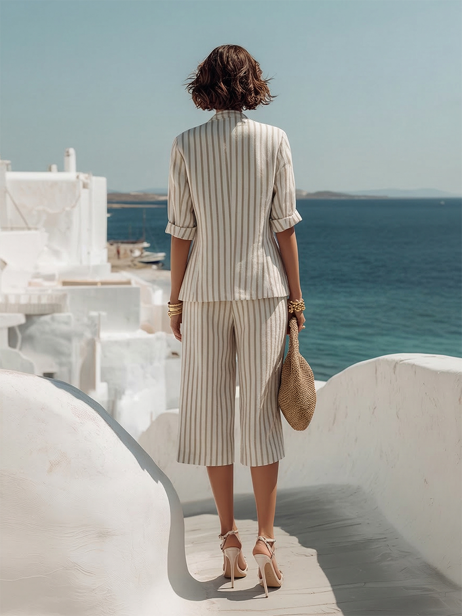 Resort Beige Striped V-Neck Cotton Linen Short-Sleeve Suit And Wide-Leg Capri Trousers Set