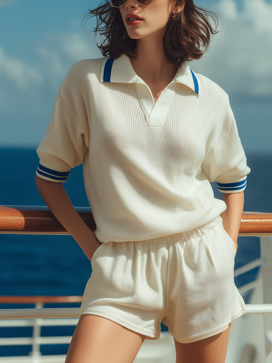 Casual Resort-style Knitted Polo Shirt And Shorts Set