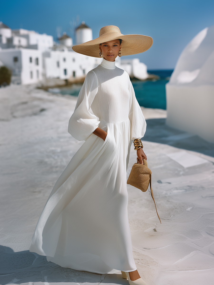 Cotton And Linen Simple Resort-style White Mock Neck Maxi Dress