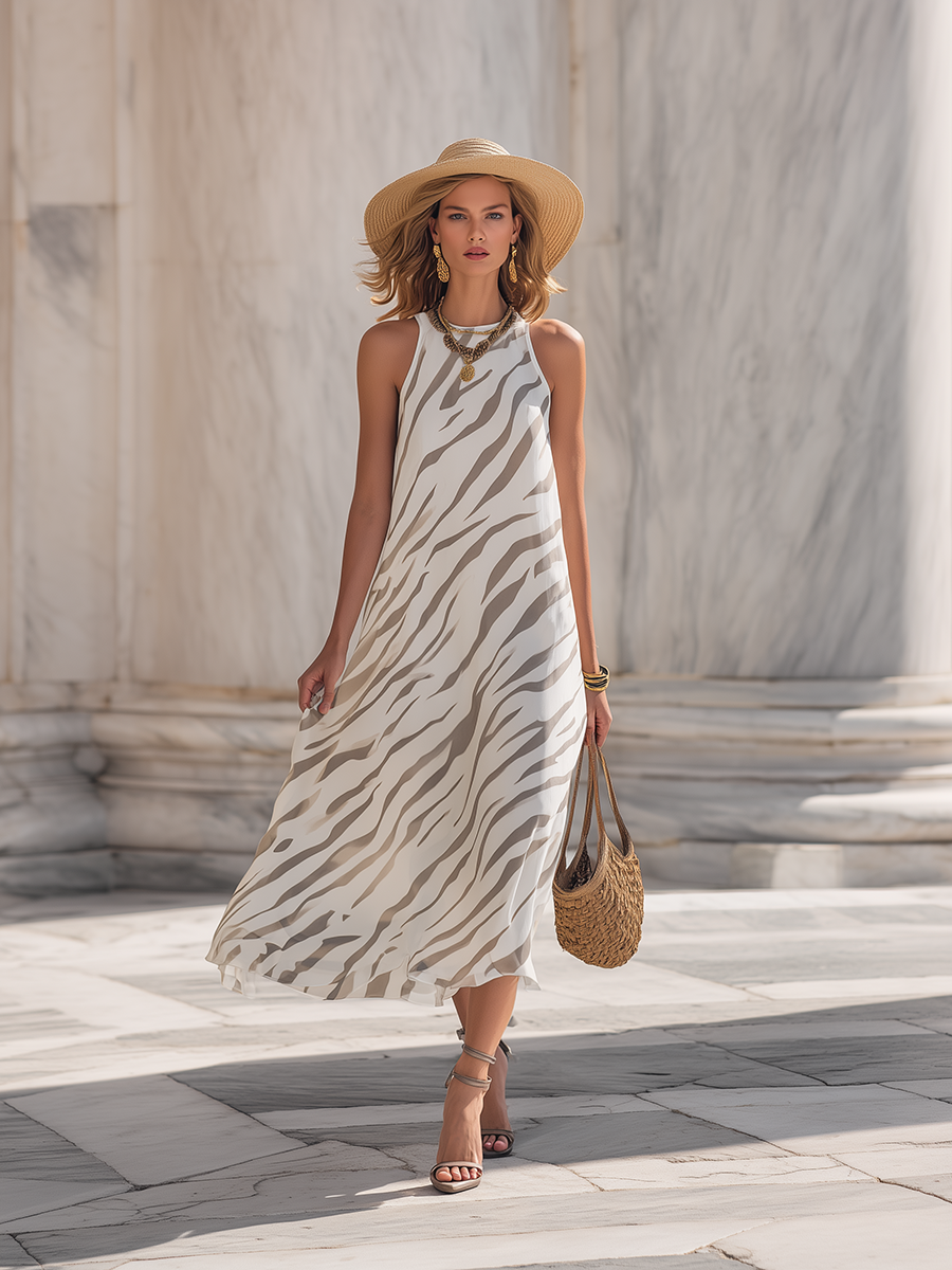 Vacation-Style Sleeveless Fashion Print Midi Dress