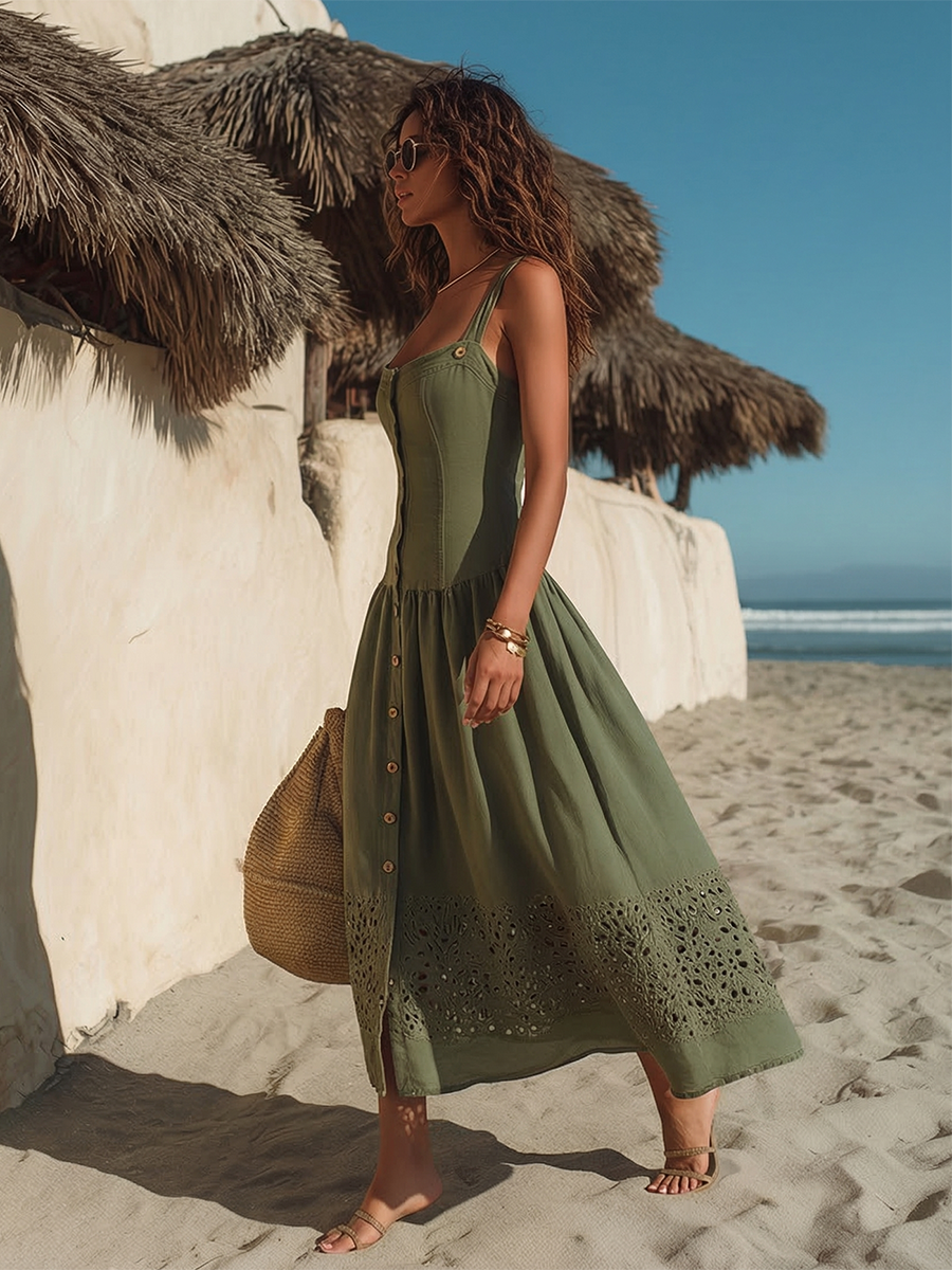 Bohemian Square-Neck Sleeveless Lace Paneling Green Cotton Maxi Dress