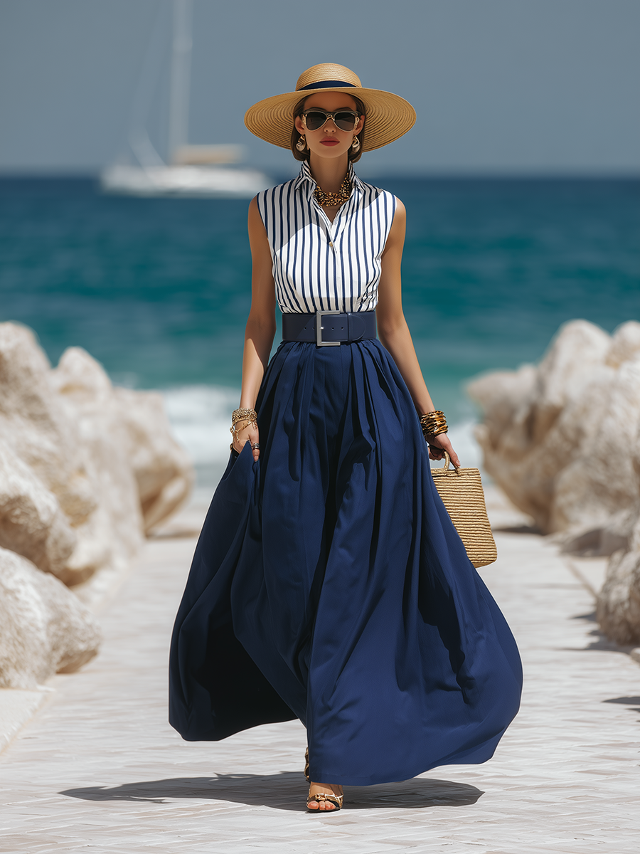 Beach Vacation Striped Sleeveless Shirt And Navy Blue Skirt Set