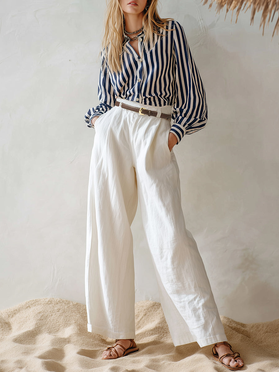 Casual Navy Blue And White Striped Collared Shirt And White Wide-leg Pants Set