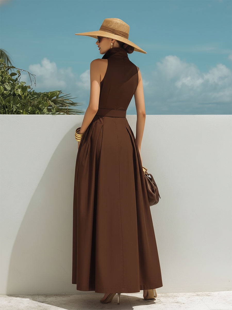 Stylish And Elegant Sleeveless Brown Lapel Maxi Dress