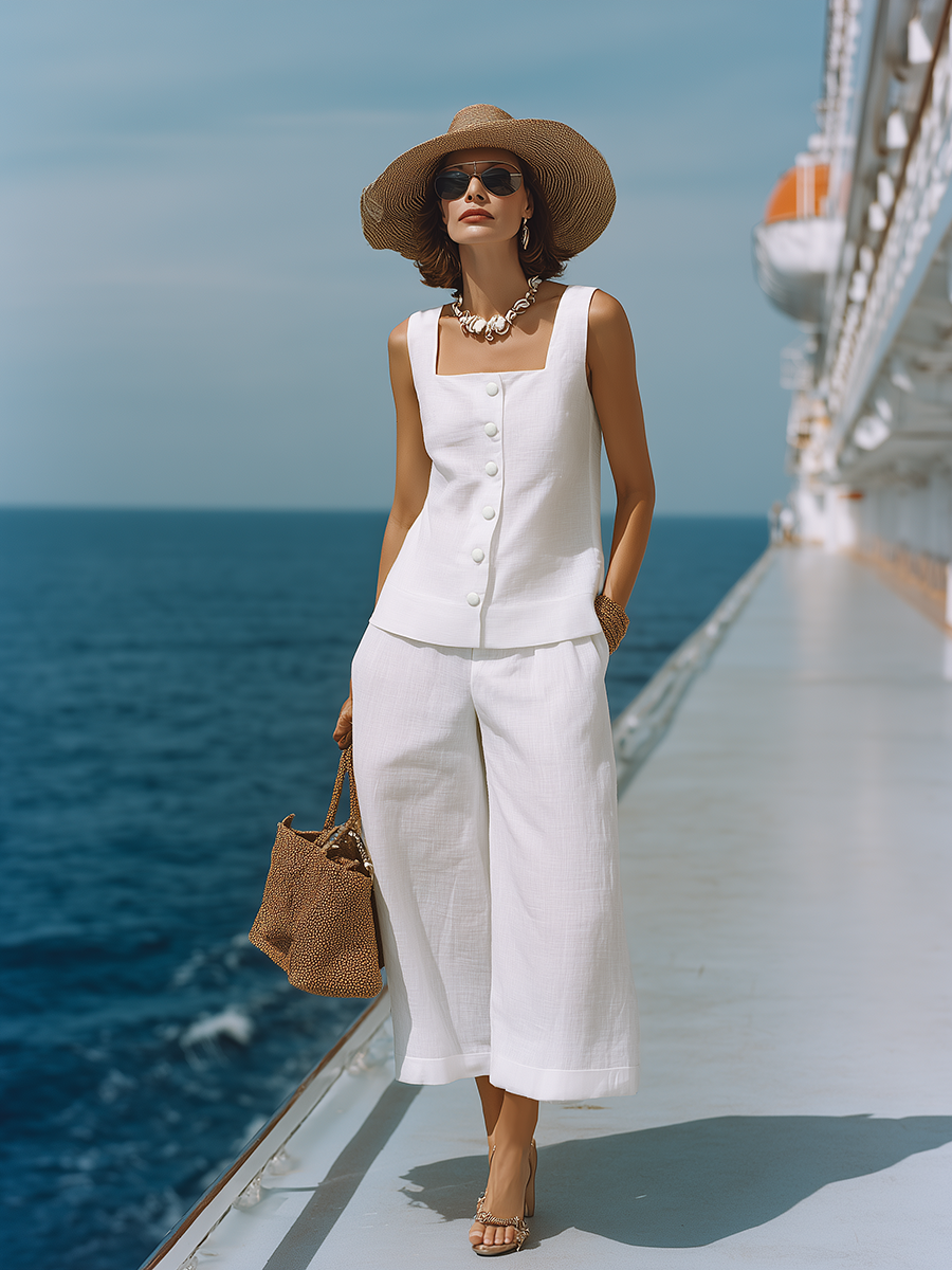 Classic White Cotton-linen Square-neck Top And Capri Pants Set