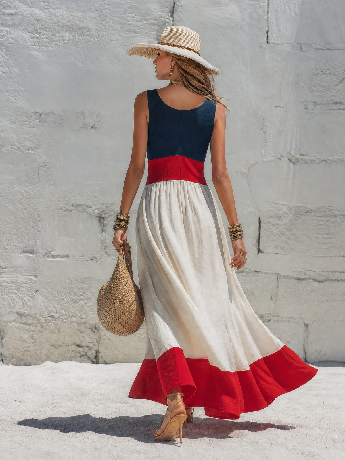 Vacation-style V-neck And Red-and-blue Color-block Sleeveless Off-white Maxi Dress