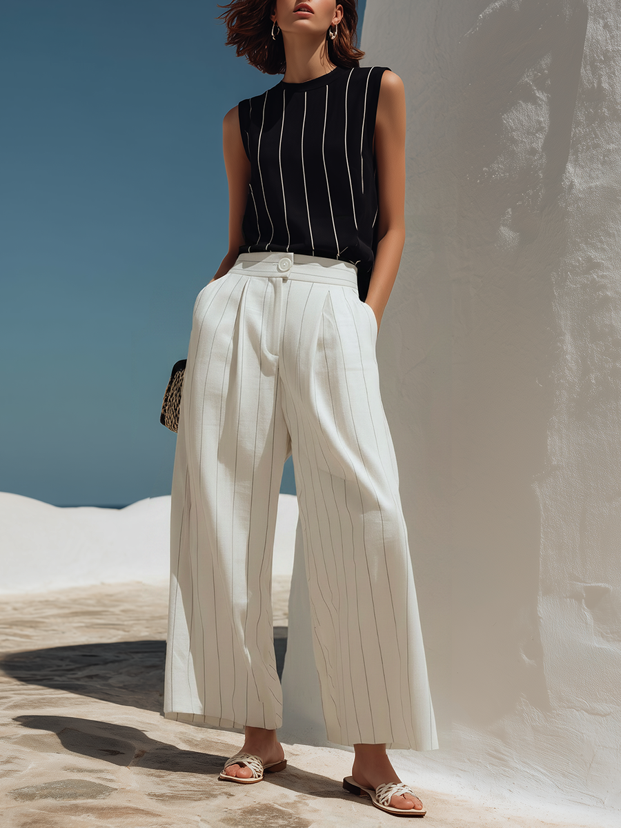 Resort-style Black And White Striped Sleeveless Top And Wide-leg Pants Set