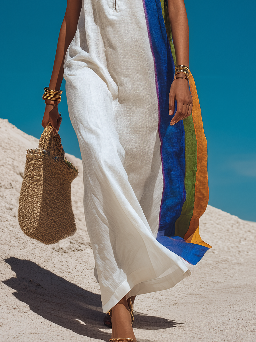 Lazy And Casual Color-blocked Hooded Cotton And Linen Maxi Dress