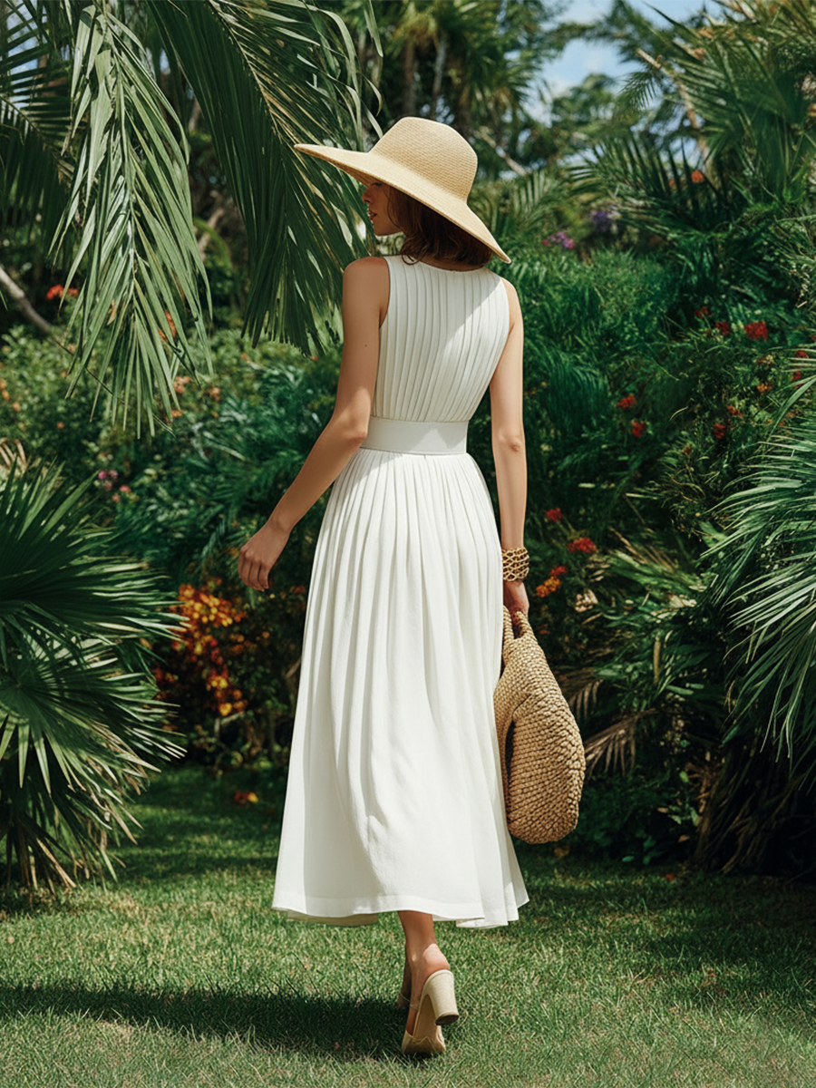 Elegant Vacation White Cotton Sleeveless Pleated Maxi Dress