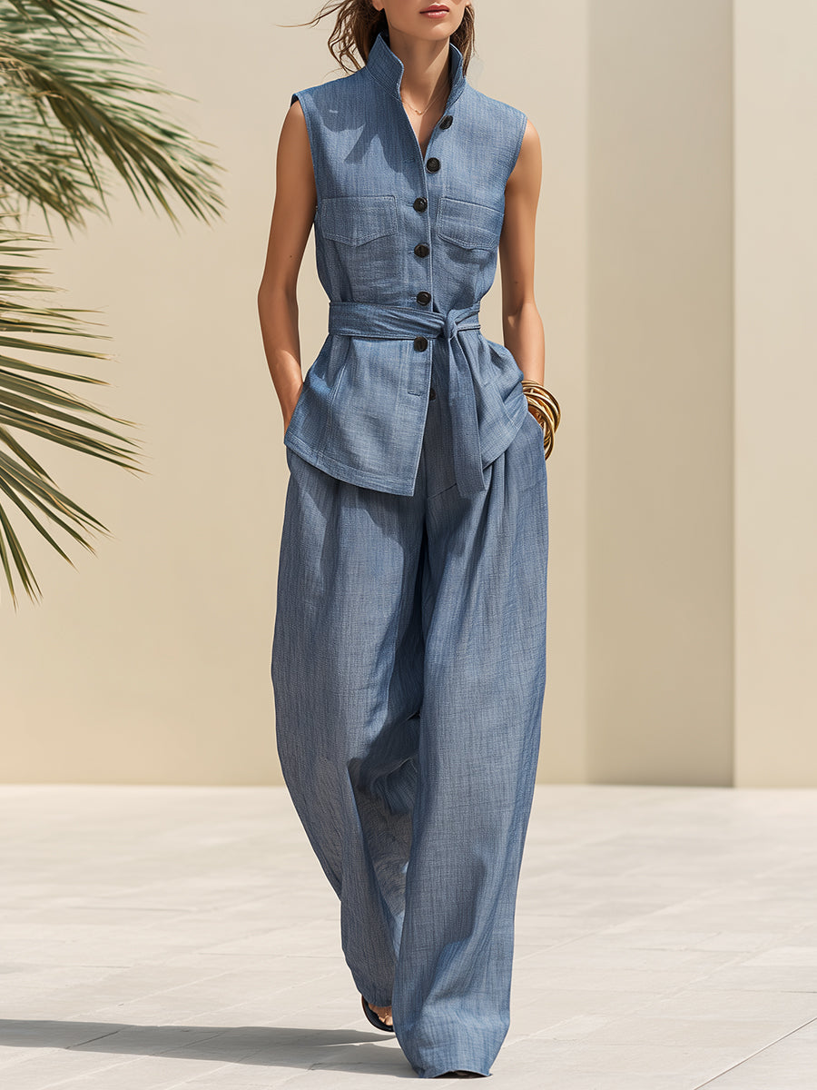 Casual Vacation Light Blue Cotton And Linen Top And Wide-leg Pants Set