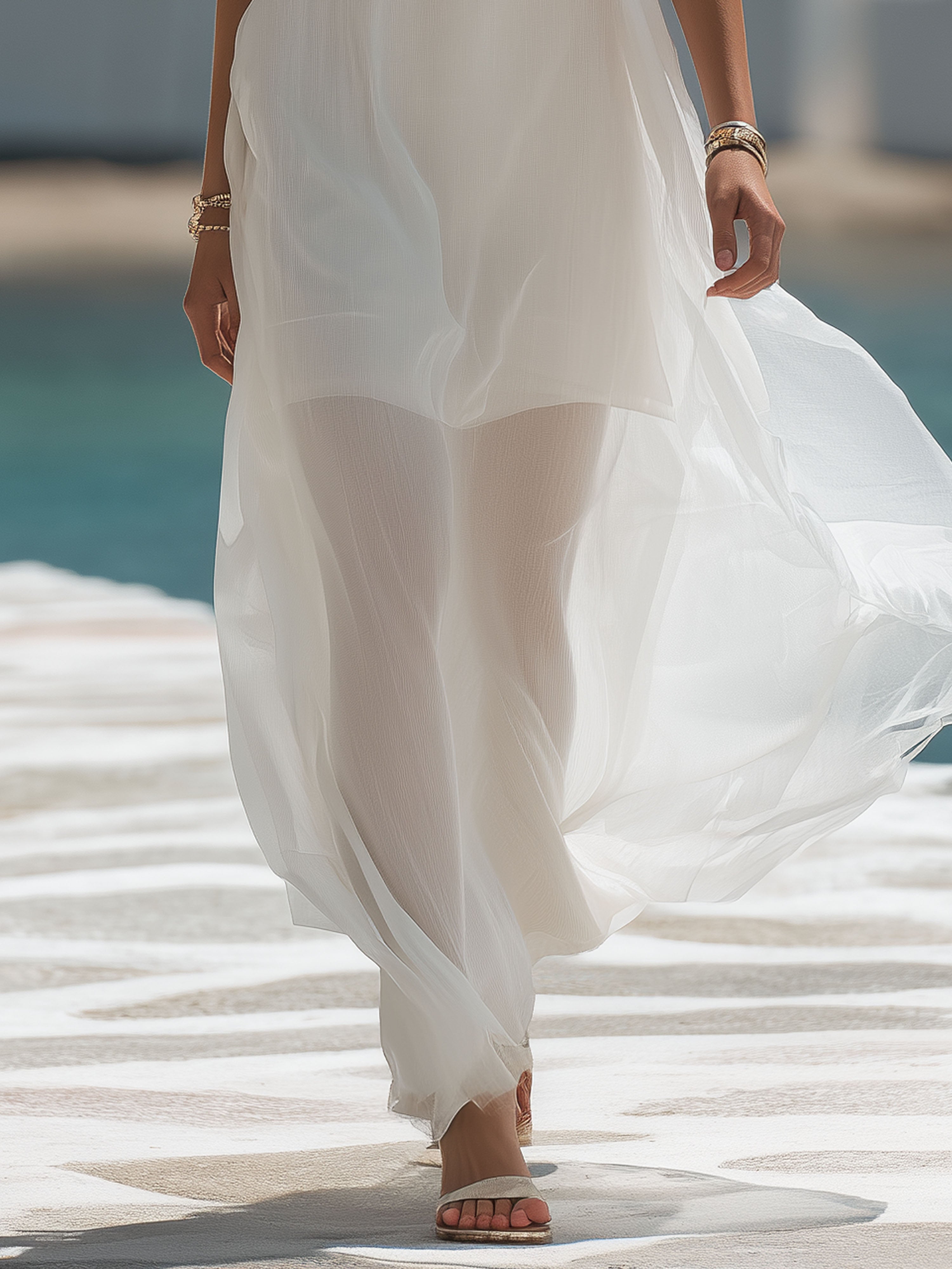 Resort Chiffon White Sheer With Tie Neckline Maxi Dress