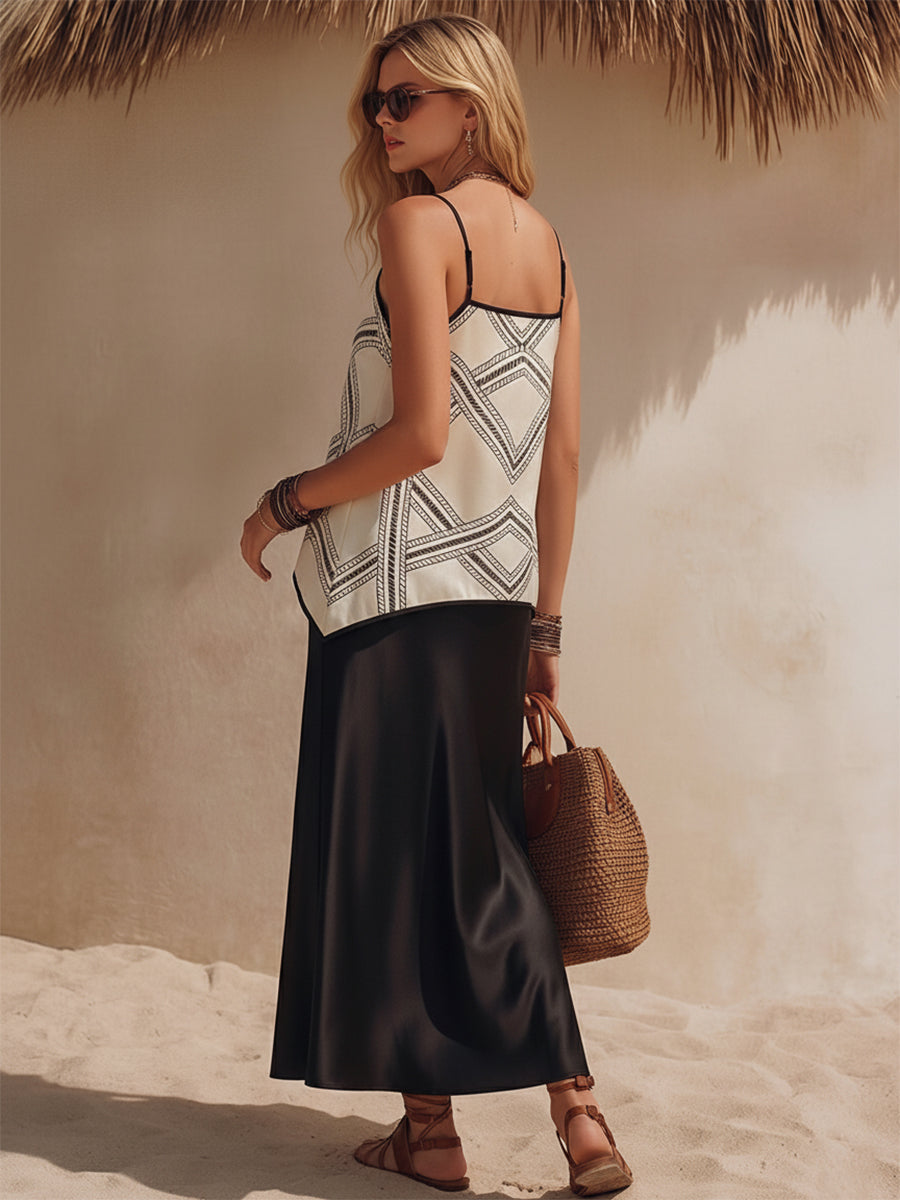 Bohemian Coast Geometric Print Satin Vest High-Waisted Black Satin Maxi Skirt Set