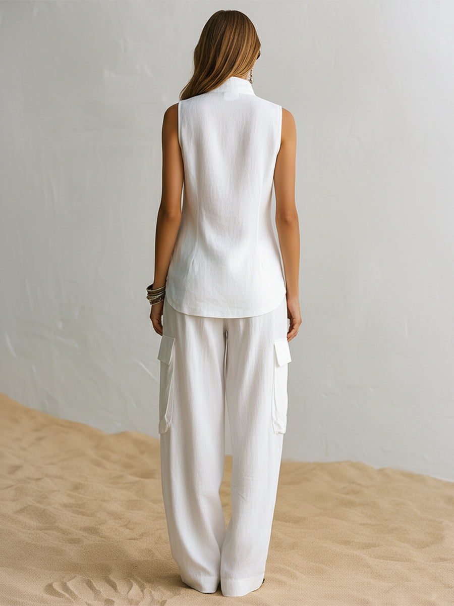 Bohemian Coast White Cotton Linen Sleeveless Black Button-Down Shirt And Wide-Leg Pants Set