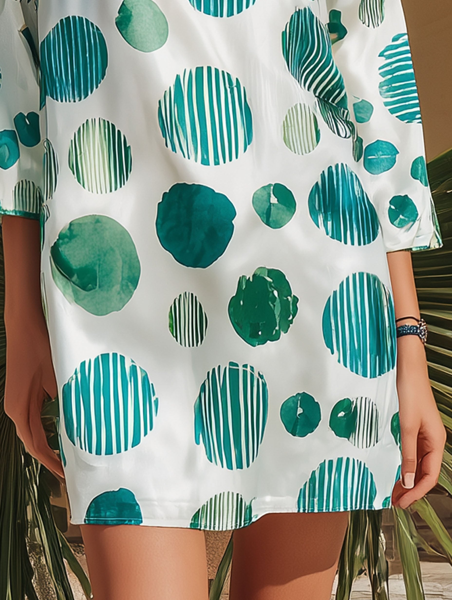 Resort-Style Satin Fabric Green Polka Dot White Mid-Sleeve Mini Dress