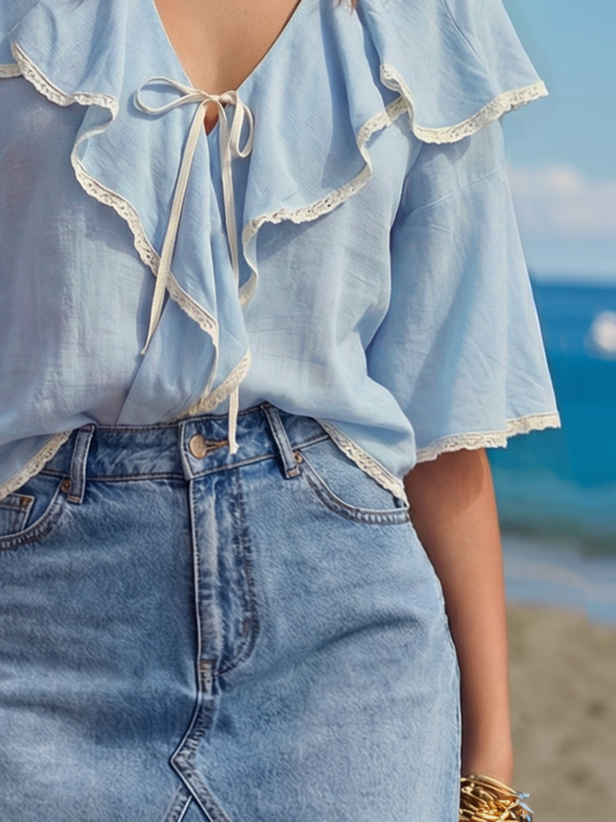 Romantic Bohemian Ruffled V-Neck Blue Tencel Short-Sleeve Shirt