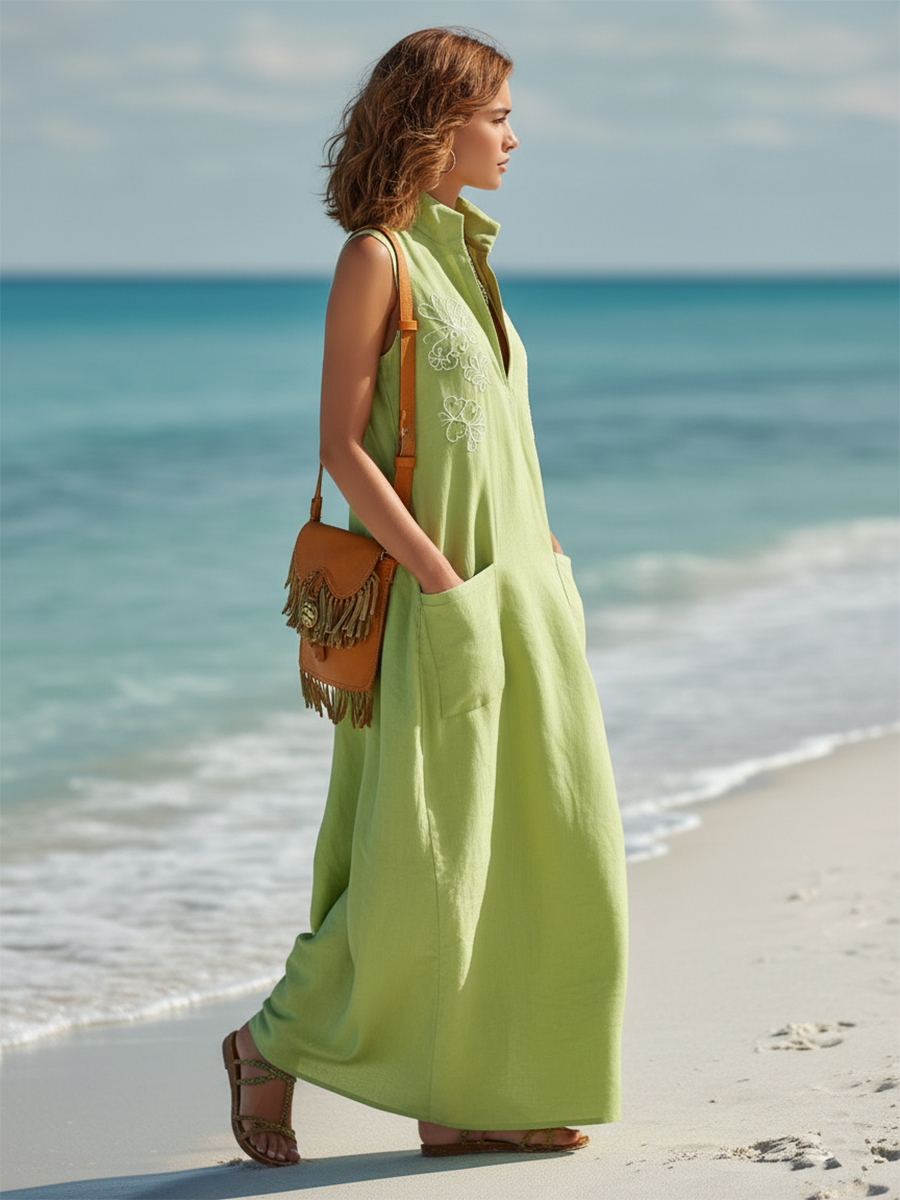 Resort-style Green V-neck Embroidered Loose Maxi Dress
